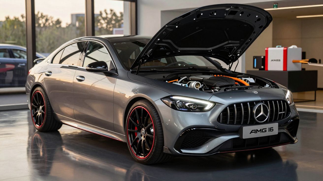 Carro Mercedes cinzento com capô aberto, estacionado num showroom moderno.