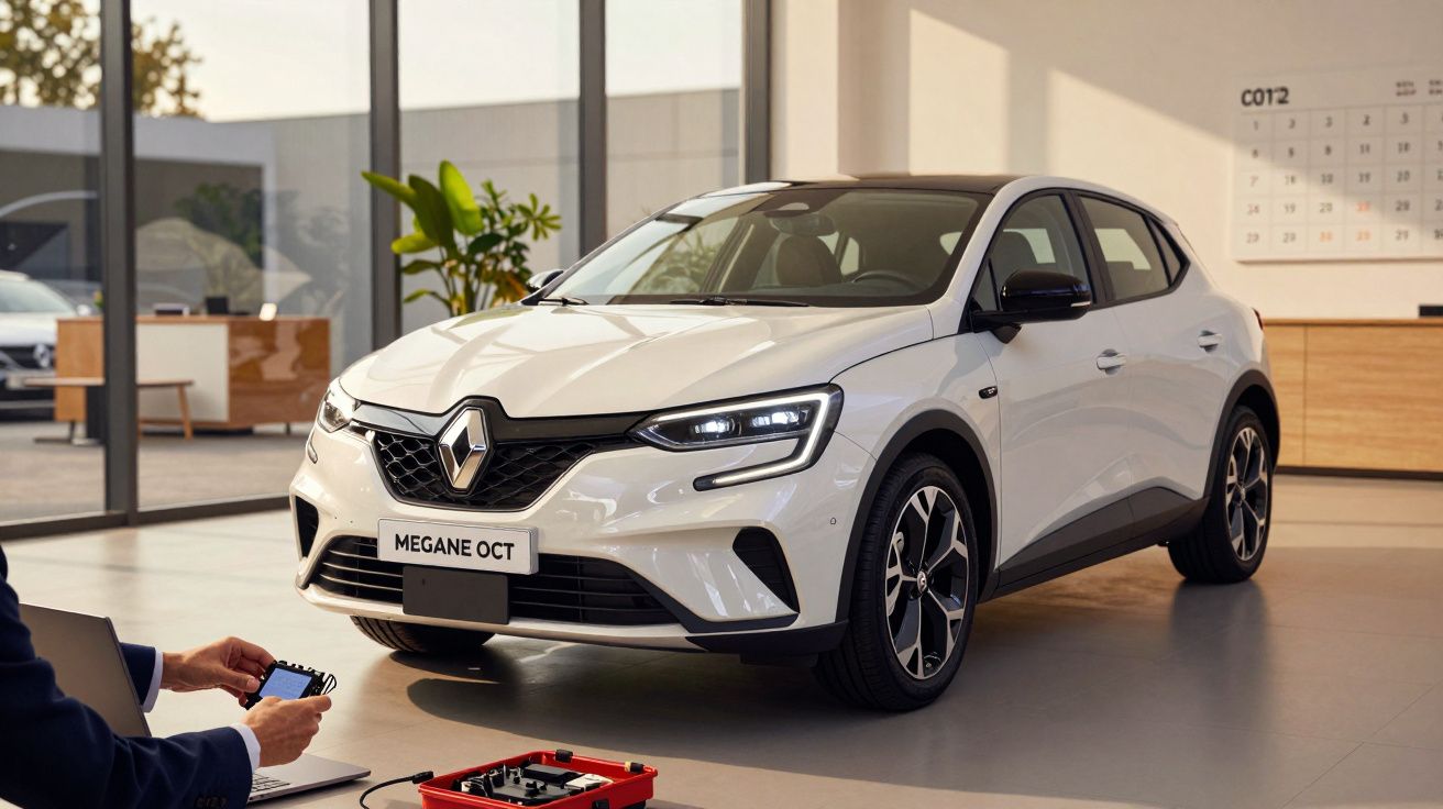 Carro Renault branco em showroom, com interior moderno e luzes acesas, ao lado de ferramentas e pessoa com smartphone.