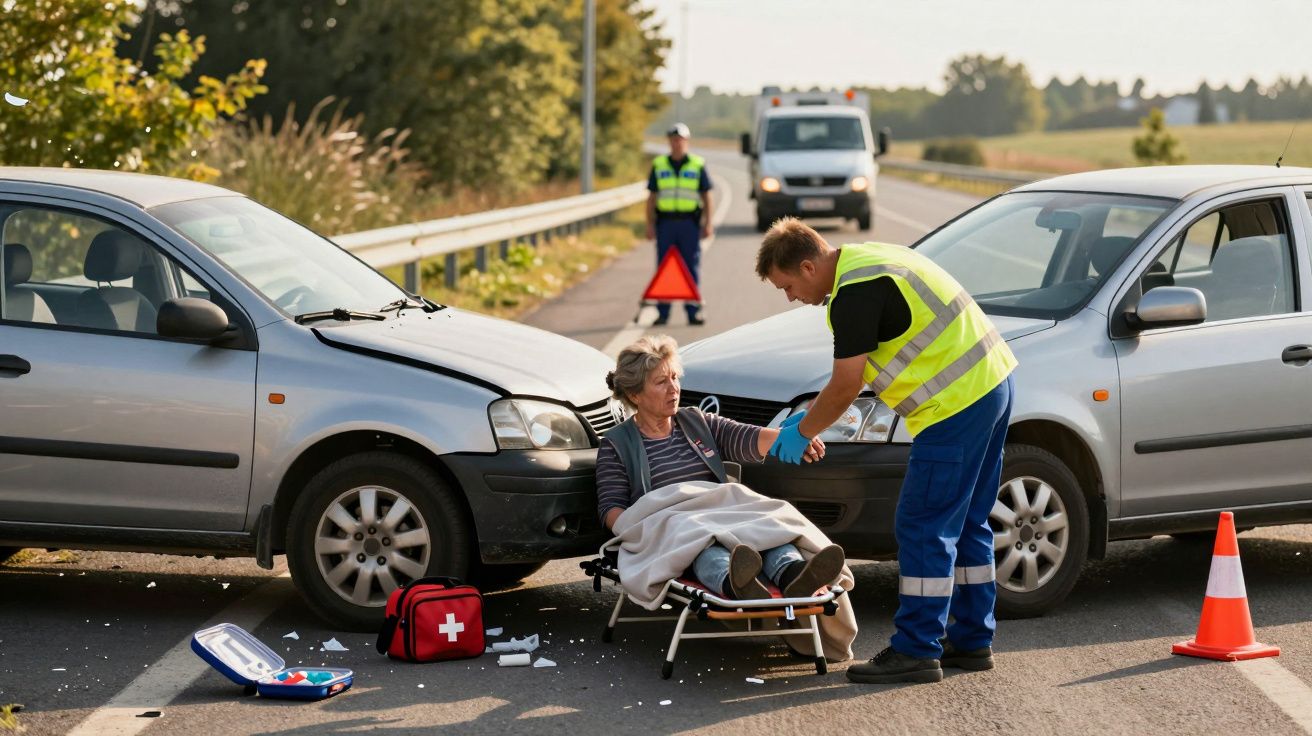 Dois carros colidiram. Socorrista apoia uma mulher idosa sentada numa maca. Sinais de emergência ao fundo.