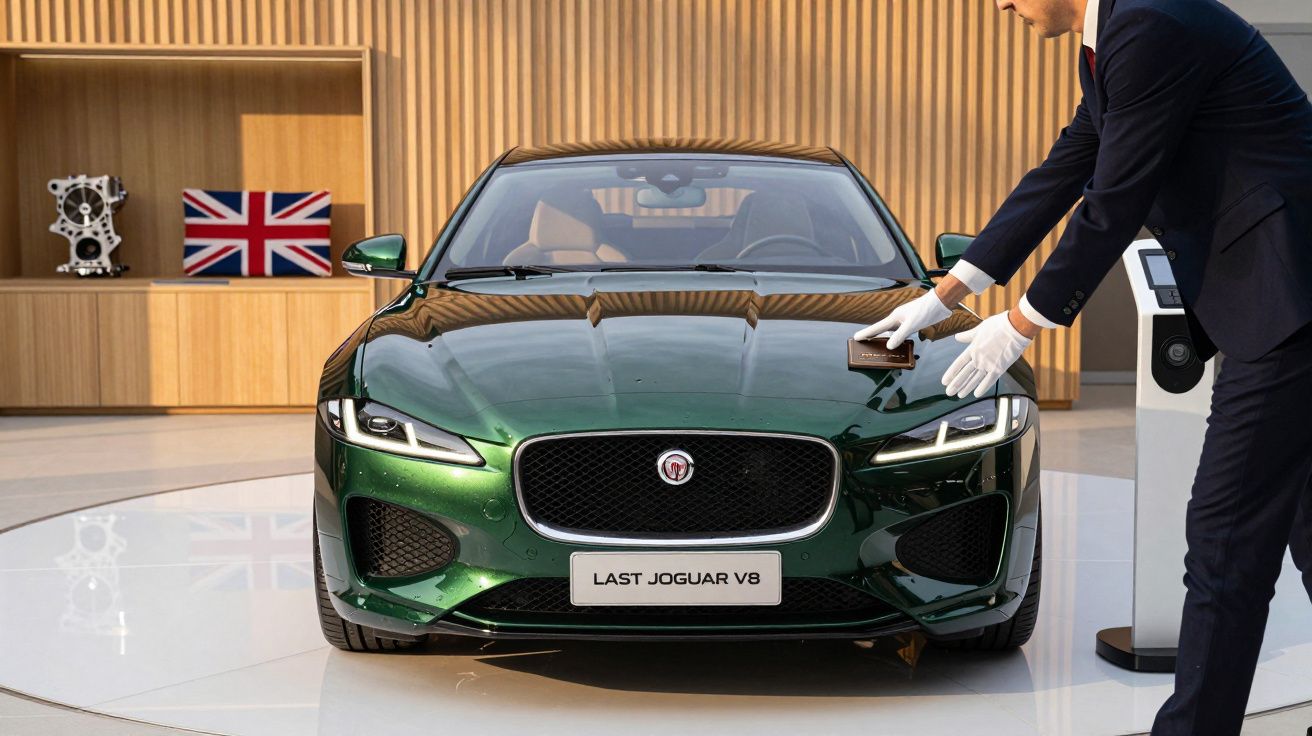 Homem com luvas brancas limpa capô de Jaguar V8 verde em exposição, bandeira do Reino Unido ao fundo.