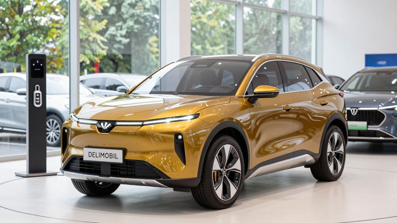 SUV dourado elétrico em exposição numa sala de exposição com janelas grandes e vegetação ao fundo.