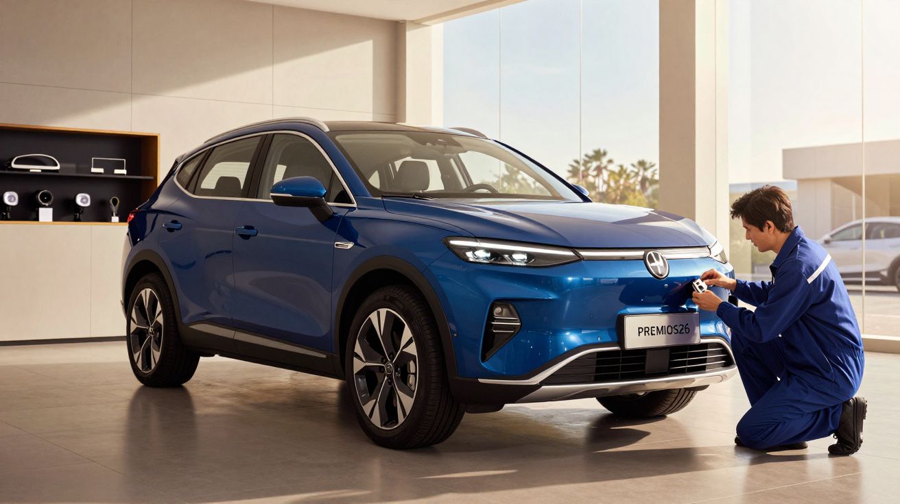 Homem em fato-macaco azul trabalha na frente de um SUV azul num showroom iluminado.