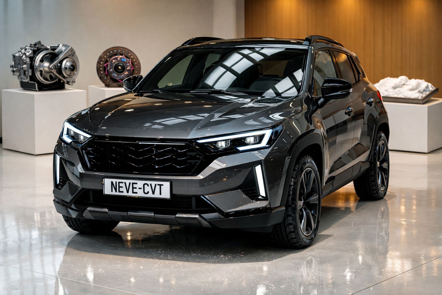 Pessoa dentro de carro pronto para conduzir na neve, com corrente de neve nas mãos e outro carro ao fundo.