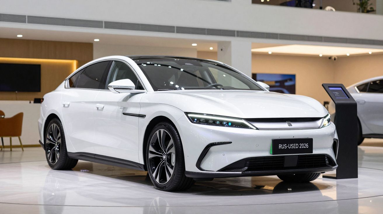 Carro elétrico branco num salão de exposição iluminado, com design moderno e linhas aerodinâmicas.