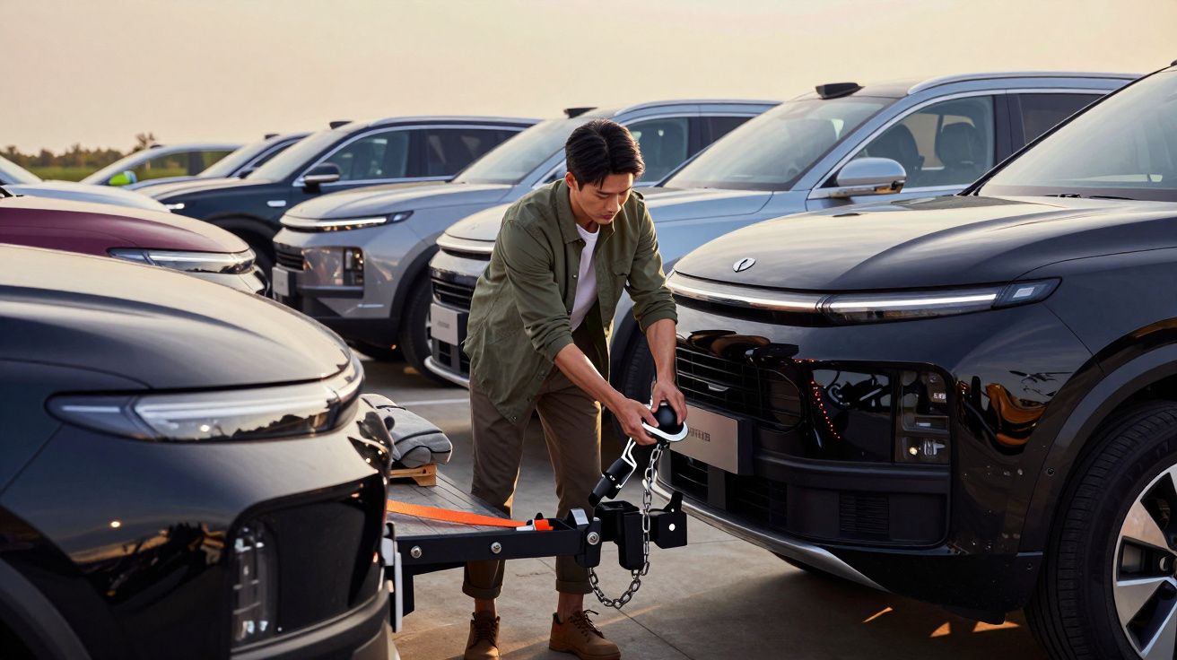 Homem a conectar um reboque a um SUV preto num parque de estacionamento, com vários carros ao fundo.