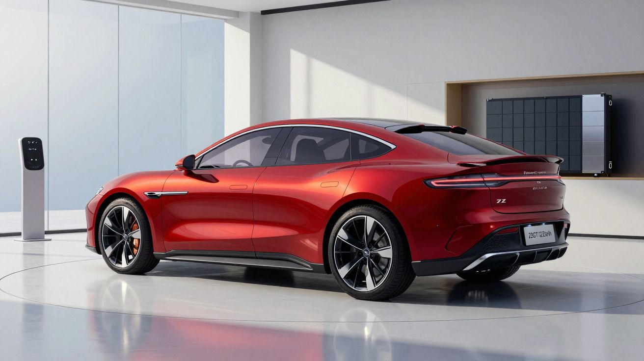 Carro elétrico vermelho em garagem moderna, com carregador à esquerda.