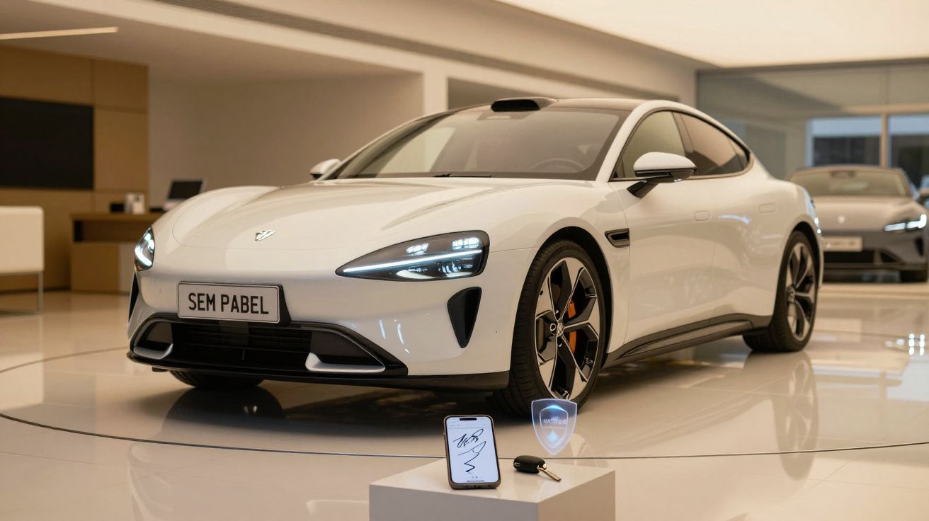 Carro elétrico branco num showroom iluminado, com uma mesa à frente exibindo chaves e um tablet com autógrafo.