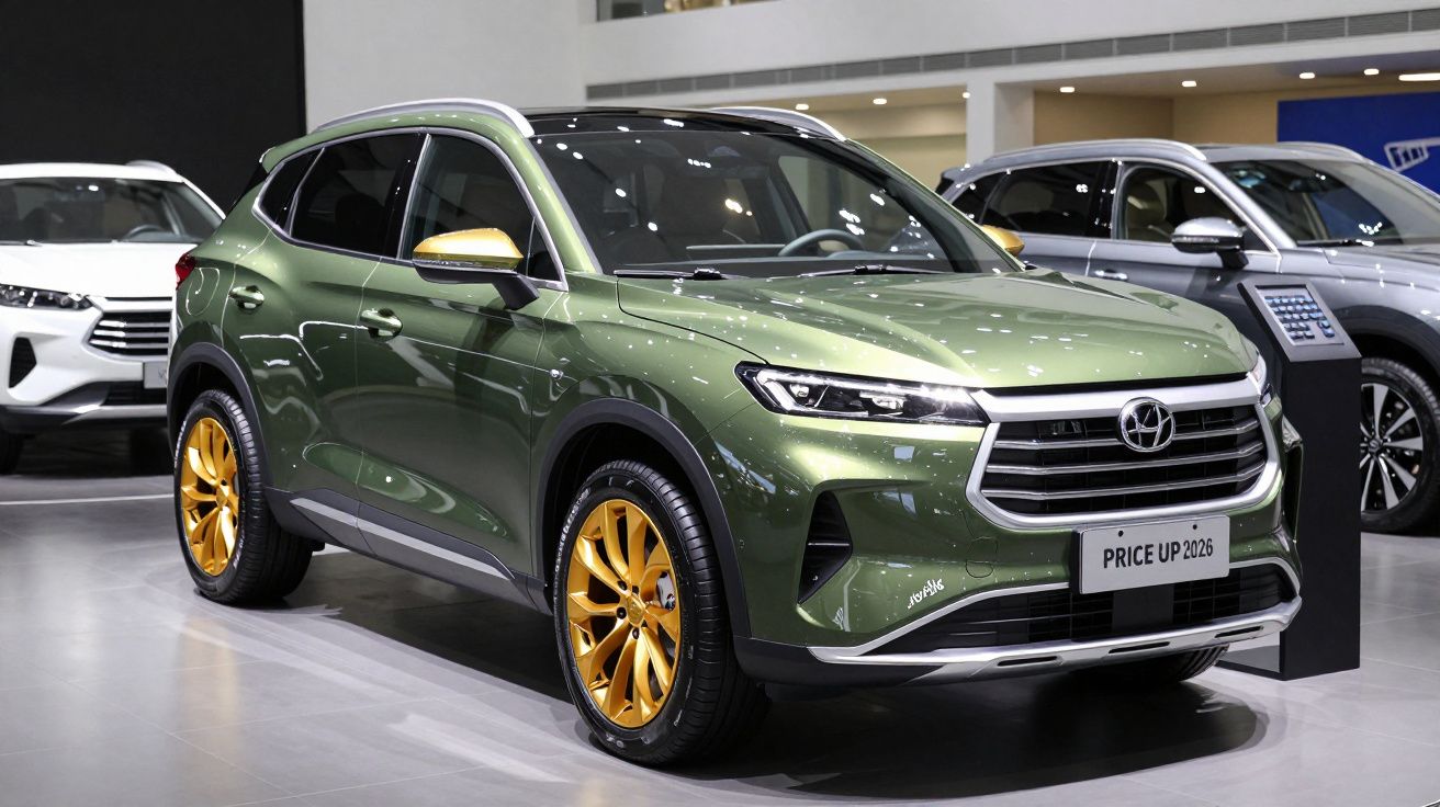 SUV verde com rodas douradas em exposição num salão automóvel.