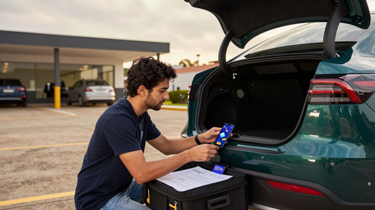 Homem sentado ao lado de um carro, utilizando um telemóvel, com a bagageira aberta e documentos ao lado.