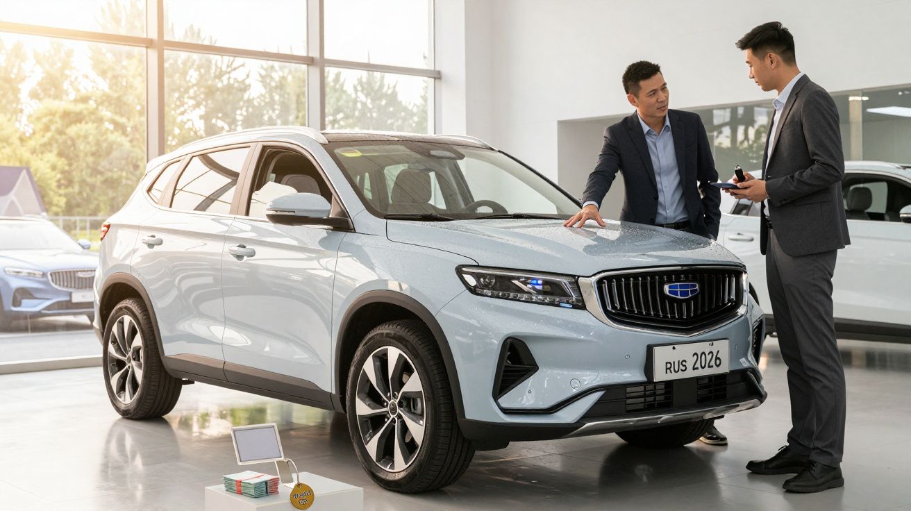 Dois homens conversam ao lado de um SUV branco em exposição num showroom de automóveis.