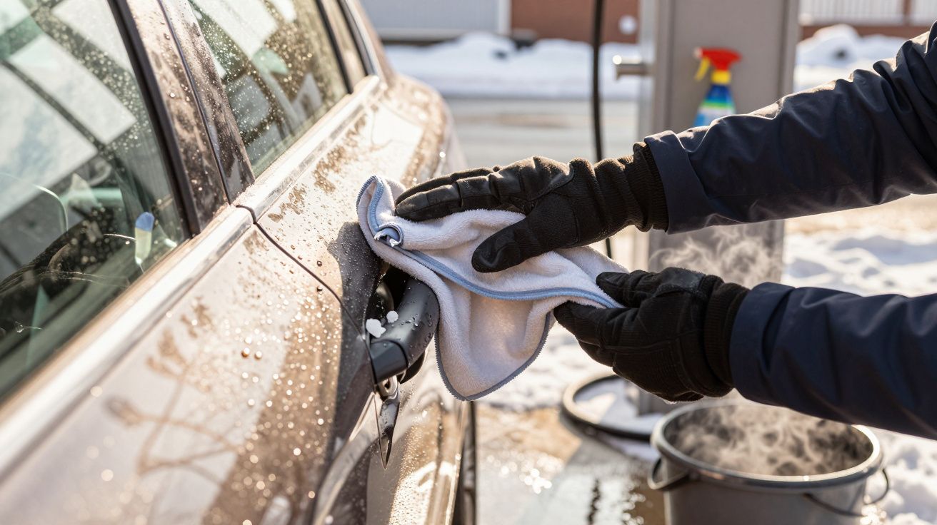 Pessoa limpa maçaneta de carro com pano branco em dia ensolarado de inverno.