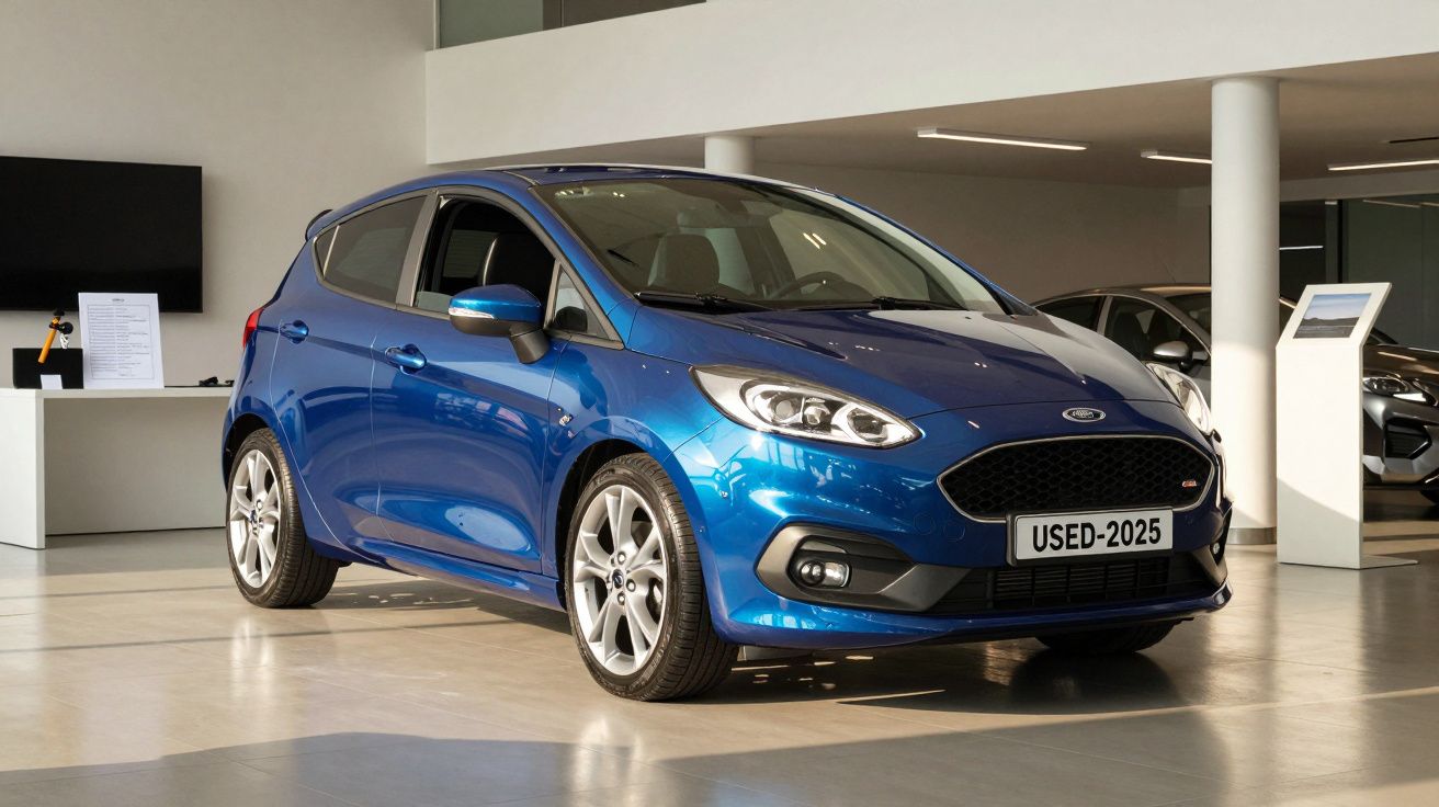 Carro azul estacionado num salão de exposição, sob luz artificial, com matrícula "USED-2025".