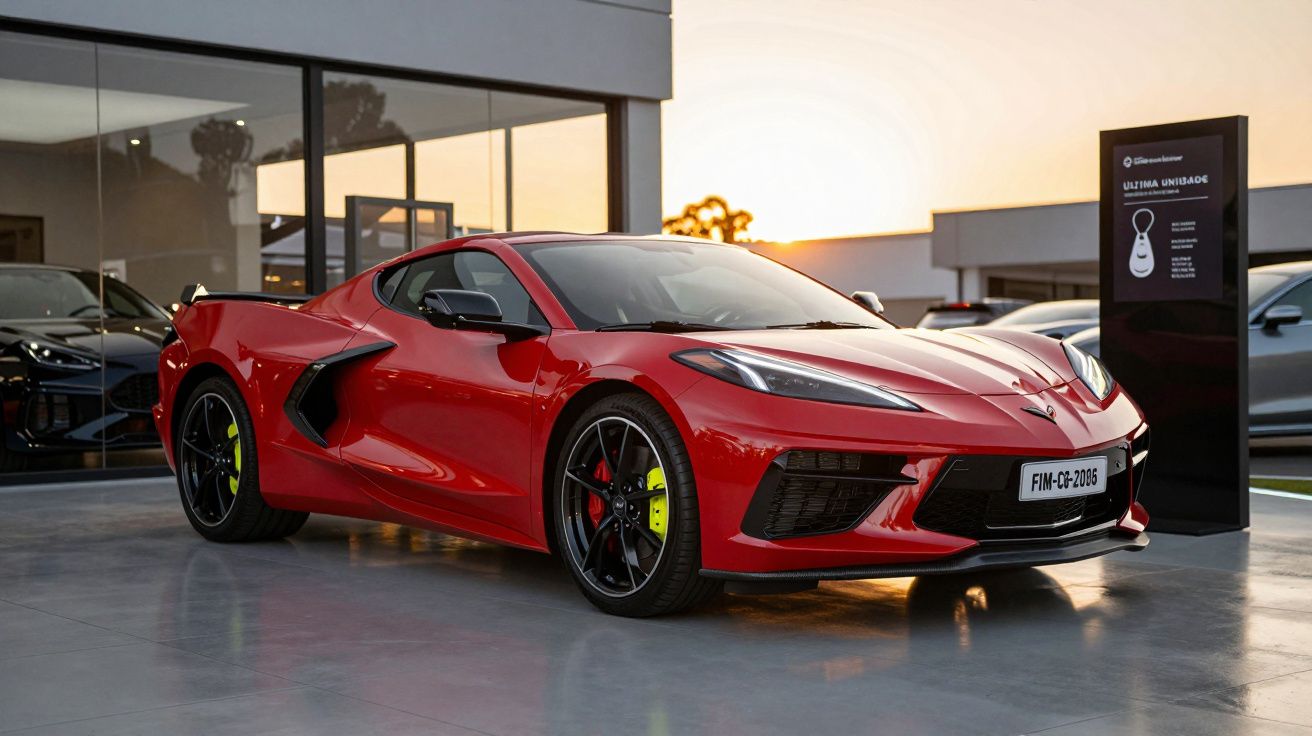 Carro desportivo vermelho estacionado num concessionário ao pôr do sol.