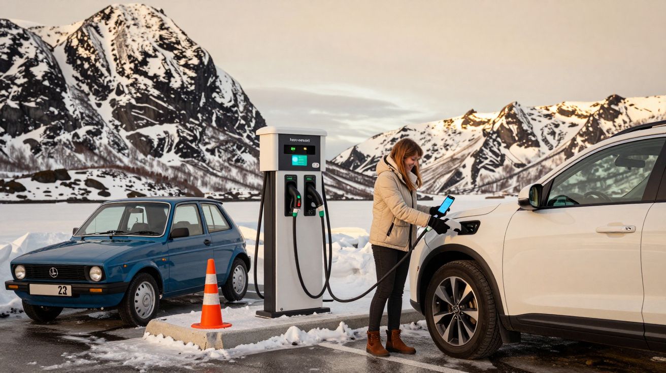 Mulher a carregar carro elétrico em estação de carregamento num cenário montanhoso nevado.