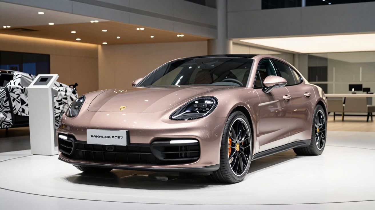 Carro desportivo Porsche Panamera 2027, cor bronze, exposto num showroom moderno e iluminado.