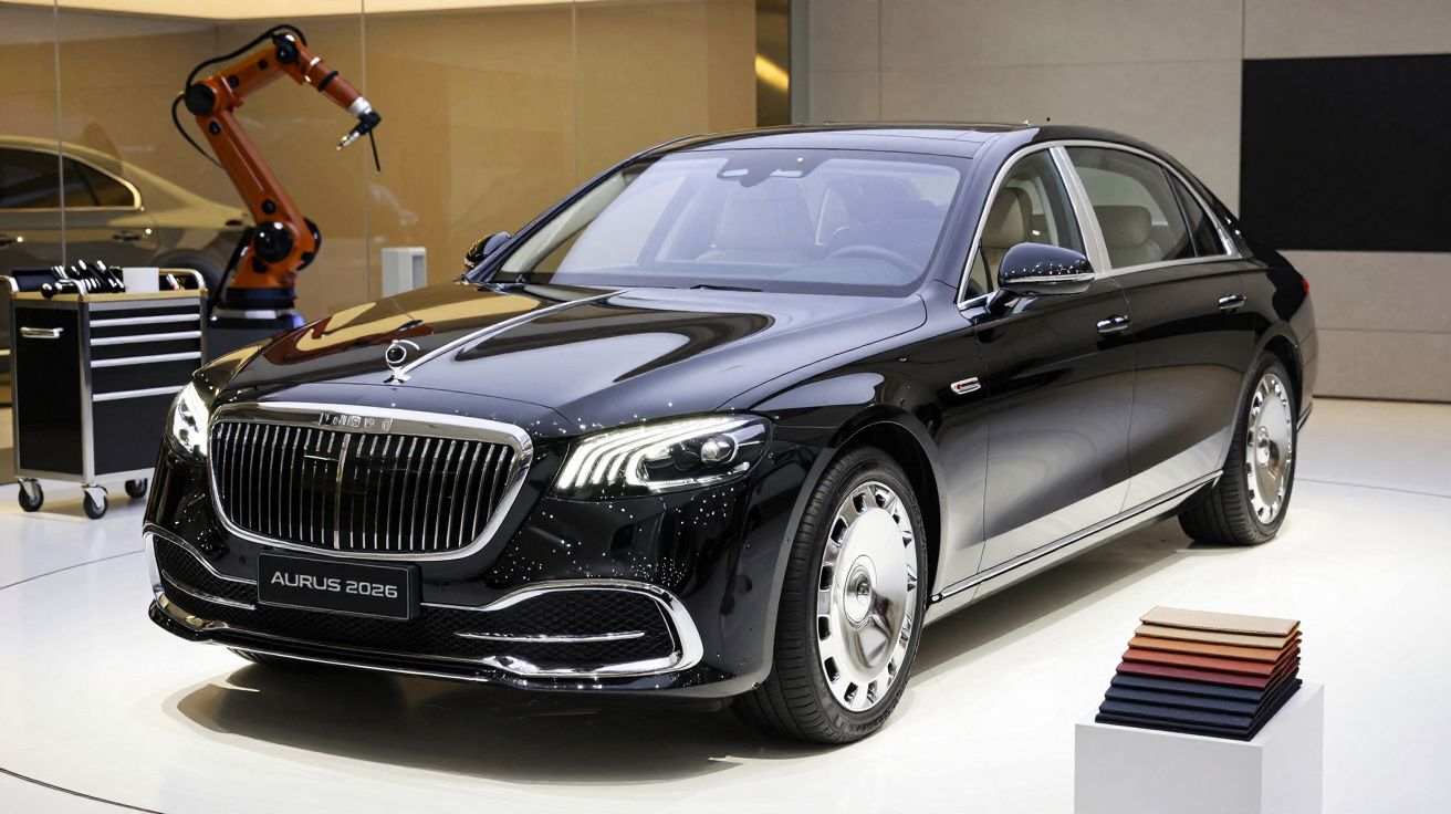 Carro de luxo preto em exposição num salão, com design elegante e moderno, ao lado de ferramentas e amostras de cor.