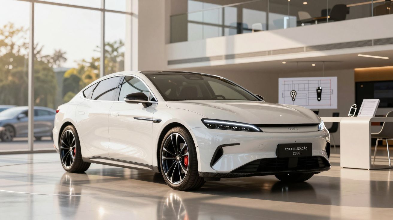 Carro elétrico branco em showroom moderno, refletindo luz natural.