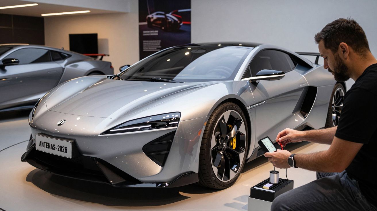 Homem sentado ao lado de um carro desportivo prata futurista numa exposição, usando um telemóvel.