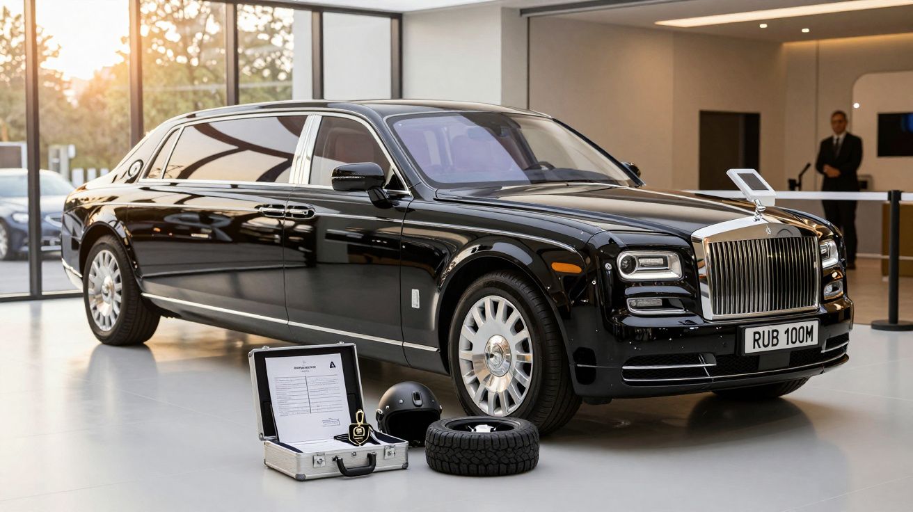 Limusina preta de luxo em showroom, com rodas e acessórios expostos à frente.