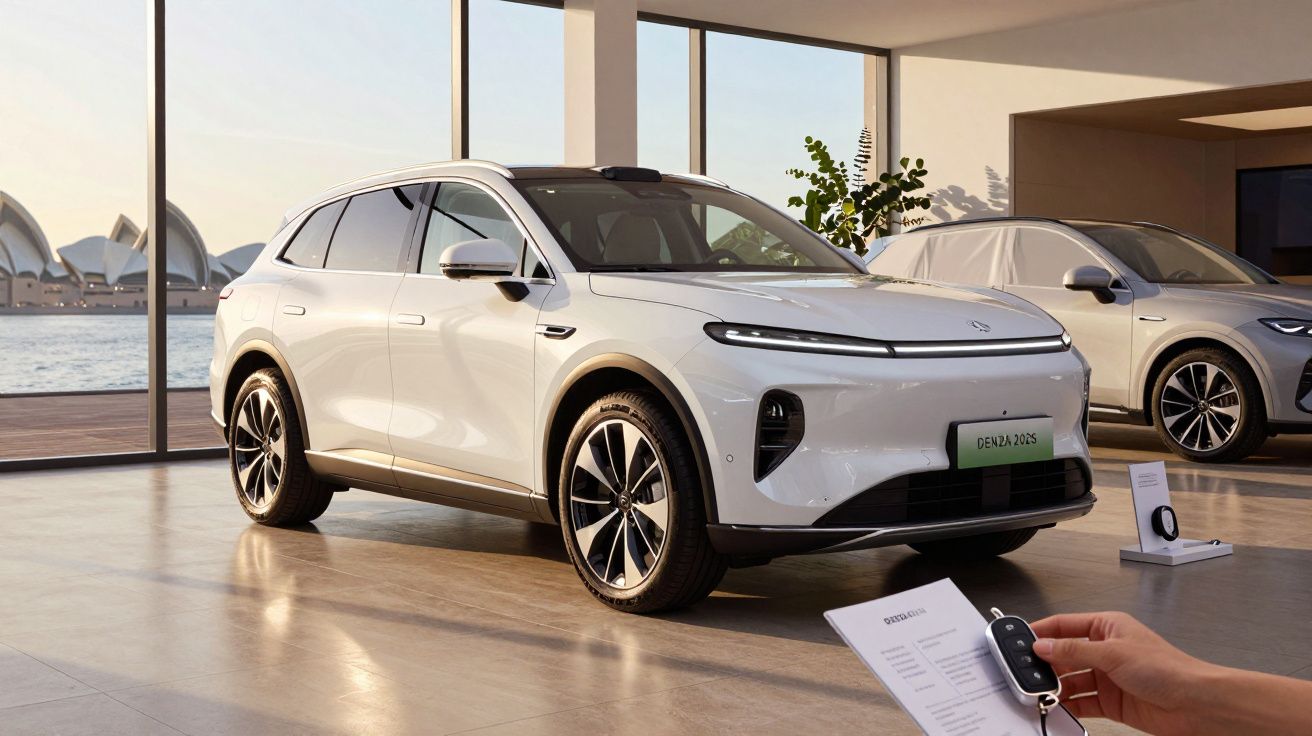 SUV branco em exposição num showroom, com grandes janelas ao fundo e documento na mão de uma pessoa em primeiro plano.