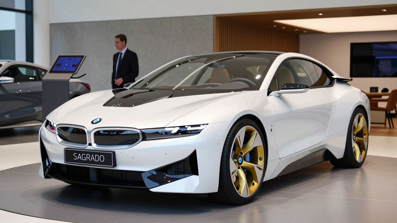 Carro BMW branco com jantes douradas em exibição num showroom moderno, homem de fato ao fundo.
