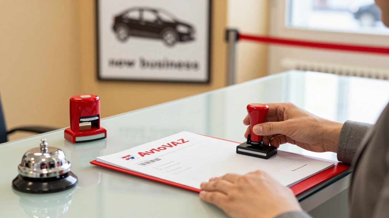 Mãos a carimbar documento sobre mesa com campainha e outro carimbo ao lado; ao fundo, cartaz de carro.