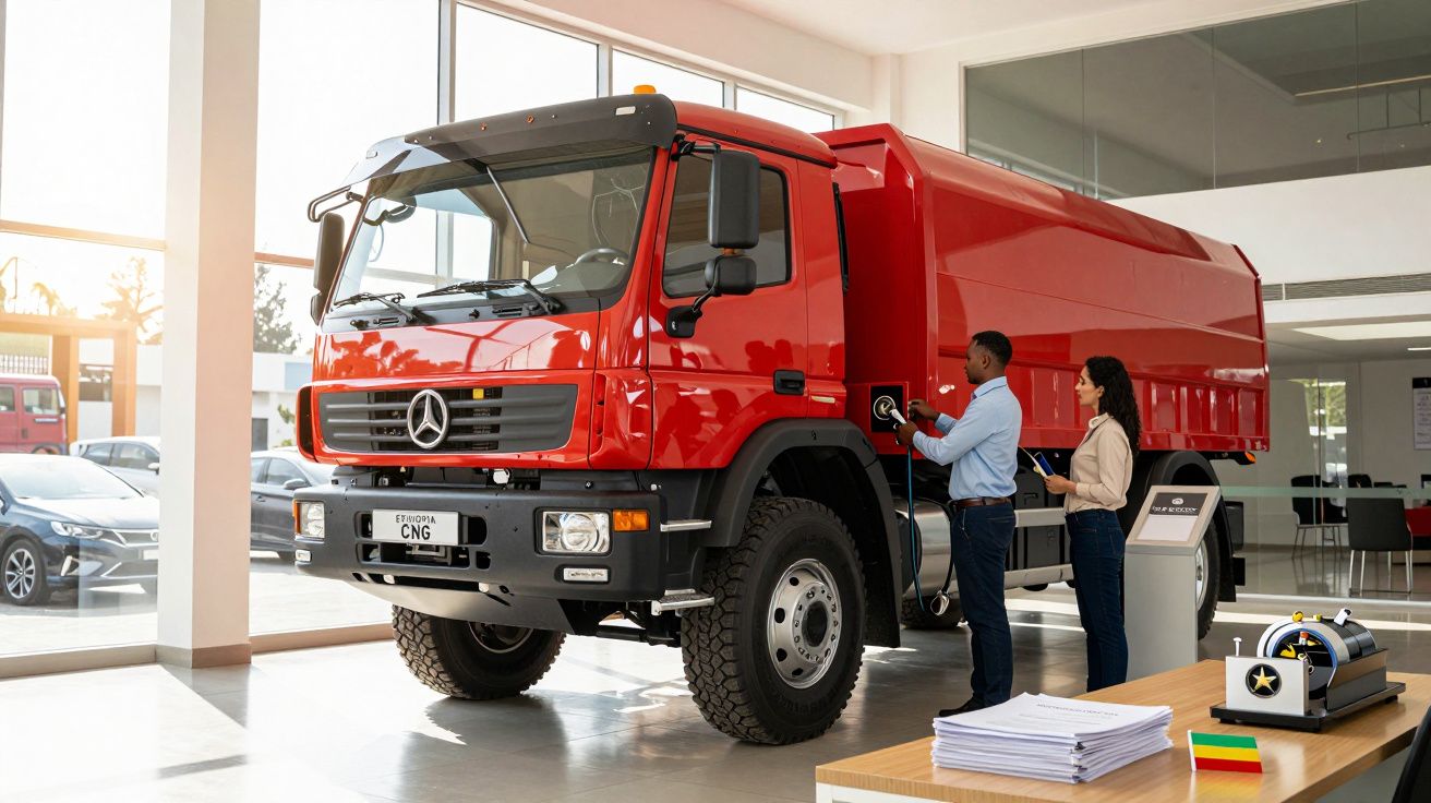 Camião vermelho numa sala de exposição com duas pessoas a observarem detalhes técnicos ao lado do veículo.
