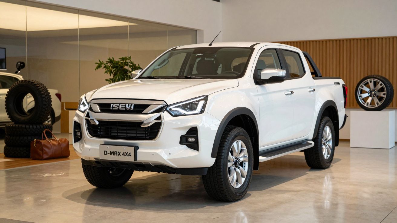 Carrinha pickup branca, modelo 4x4, estacionada numa sala de exposição com jantes e pneus ao fundo.