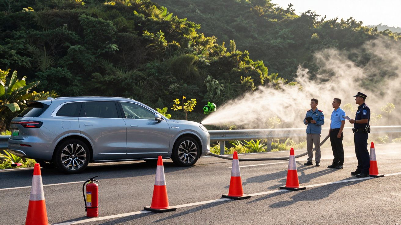 Carro prateado numa estrada, com cones laranja e pessoas observando uma simulação de incêndio com extintor.