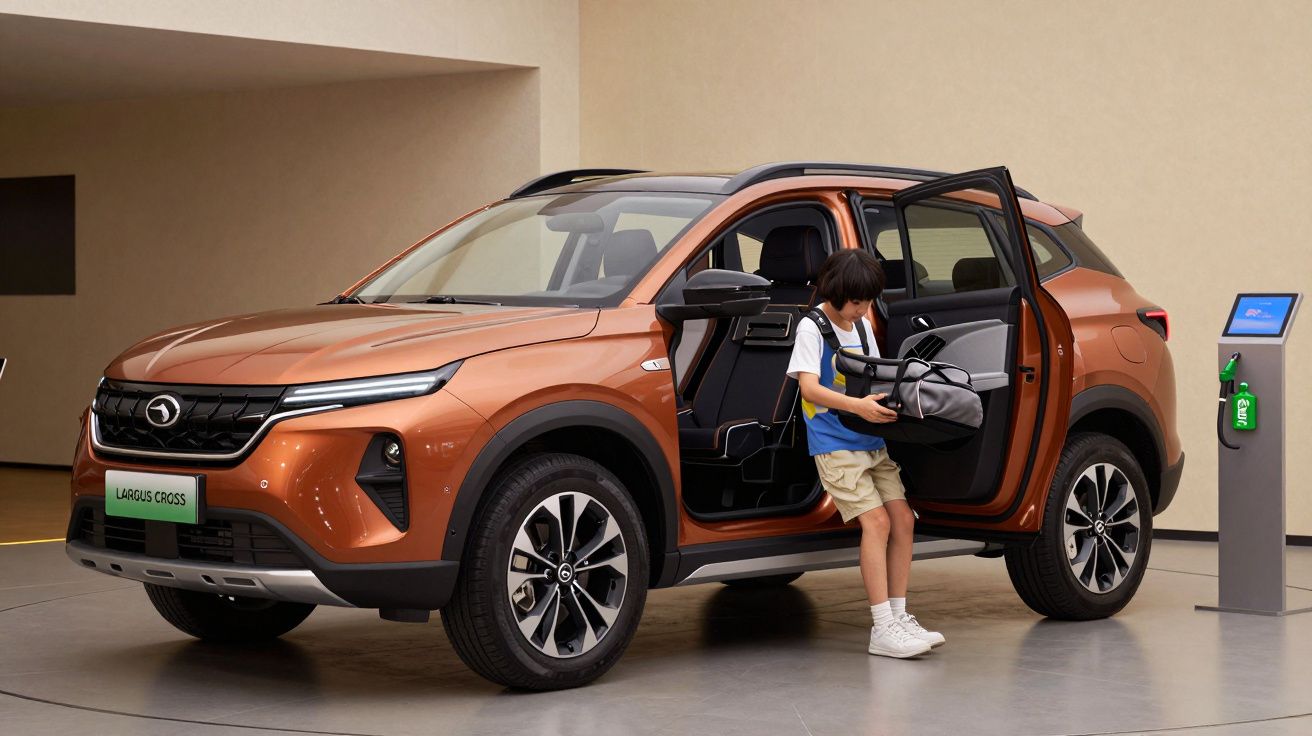 Menino a pegar mochila do banco traseiro de um SUV laranja em exposição num showroom.