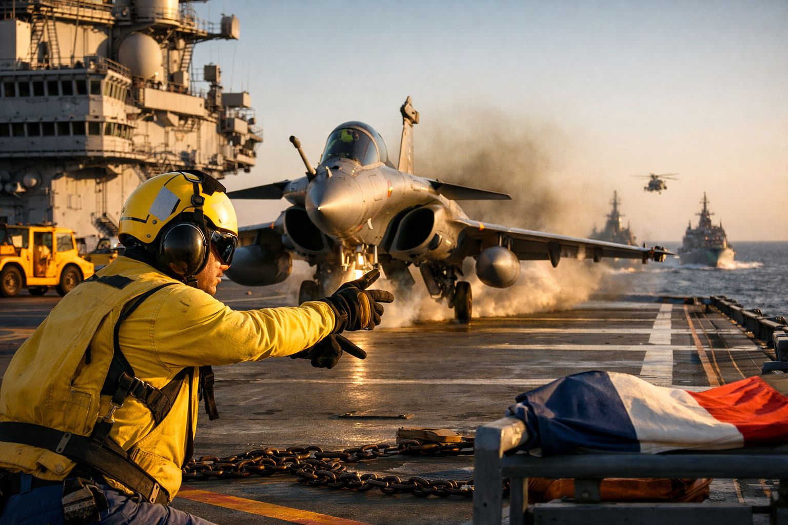 Funcionário orienta avião a jato a bordo de um porta-aviões; navio e helicóptero ao fundo no mar ao pôr do sol.