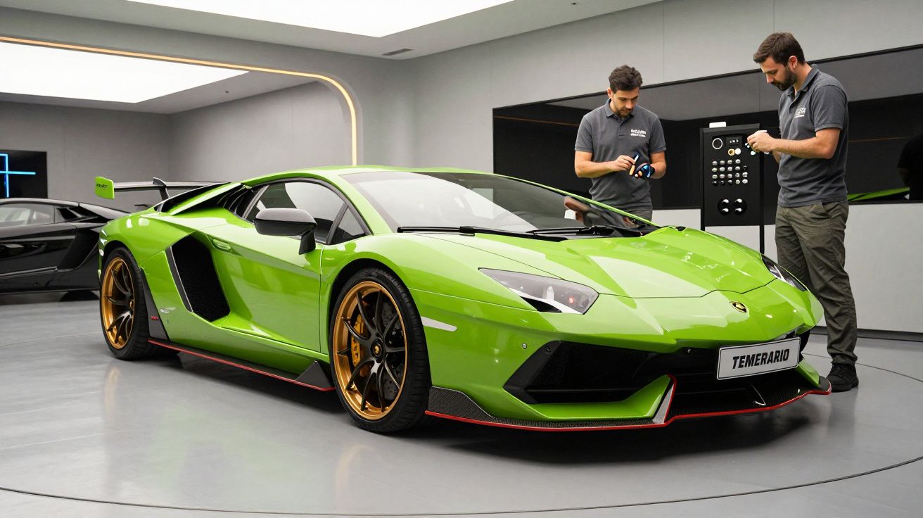 Carro desportivo verde num showroom com dois homens a verificar gadgets ao fundo.