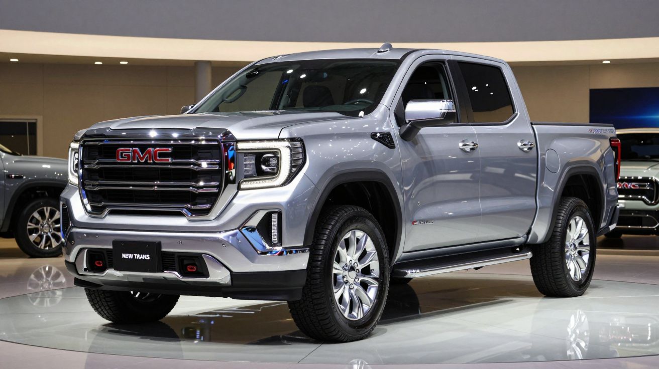 Camião pick-up GMC prateado exibido num salão automóvel iluminado.