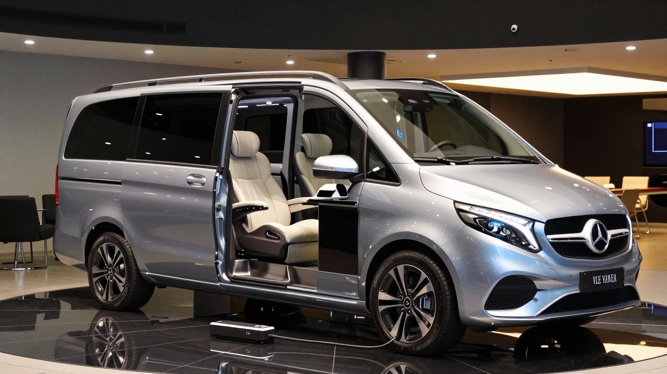 Carrinha prata Mercedes-Benz com porta lateral aberta, revelando interior luxuoso em exposição num salão auto.