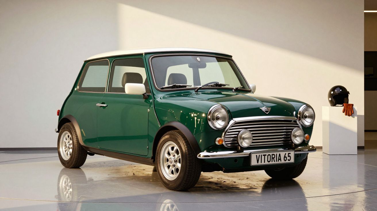 Carro clássico Mini verde num estúdio iluminado com capacete e luvas ao fundo.