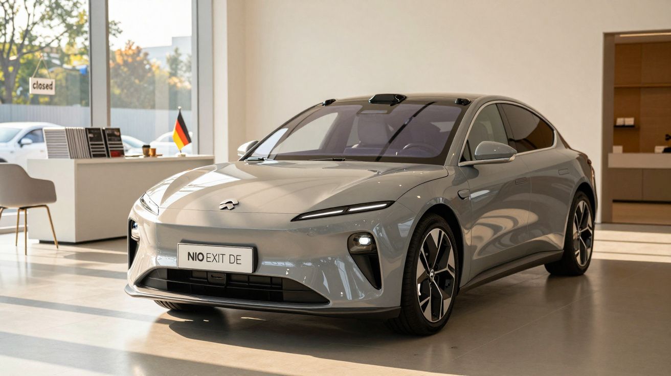 Carro elétrico cinzento Nio EV em exibição num showroom moderno e bem iluminado.