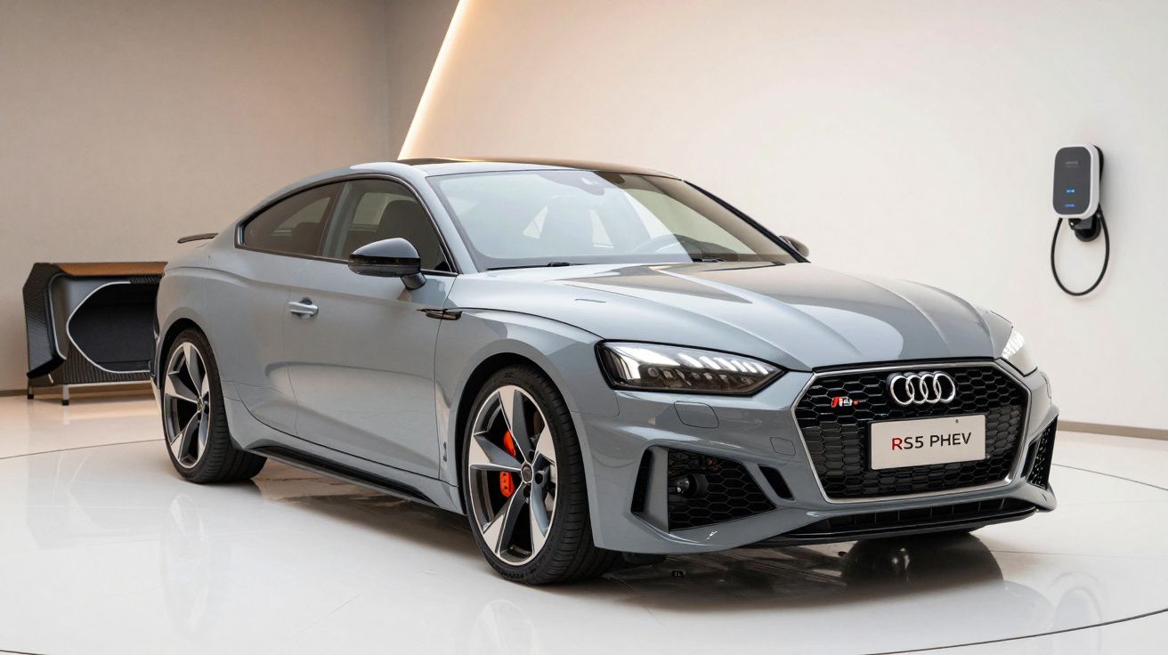 Automóvel Audi RS5 PHEV cinzento em exibição num showroom branco, com um carregador elétrico na parede ao fundo.