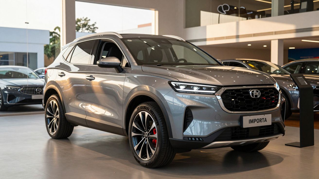 SUV prateado estacionado num showroom de automóveis, com jantes elegantes e design moderno.