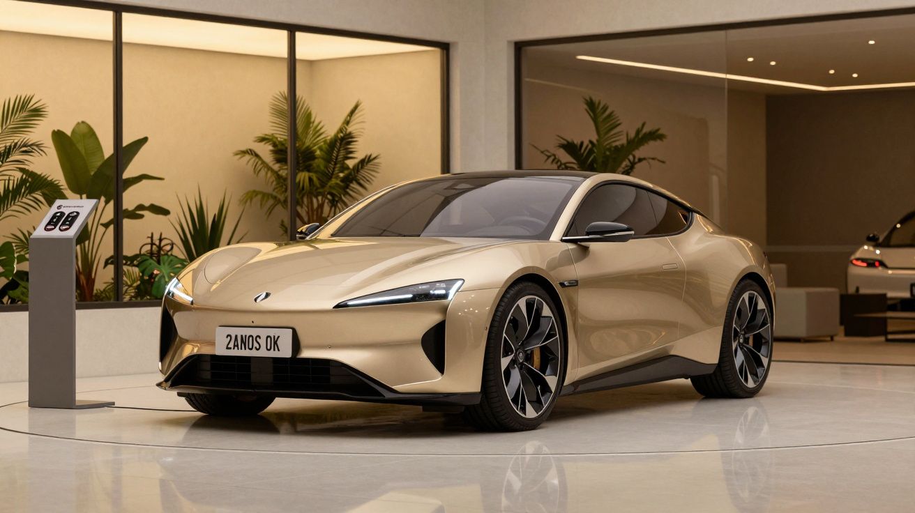 Carro desportivo dourado estacionado num showroom moderno, com plantas e iluminação suave ao fundo.