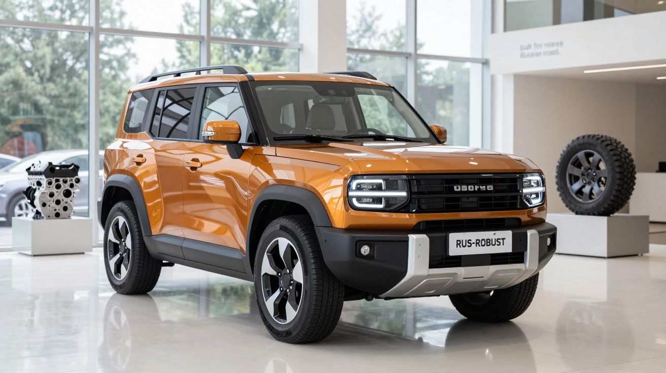 SUV laranja metálico em exibição numa sala de exposição, com fundo de grandes janelas e acessórios automotivos.