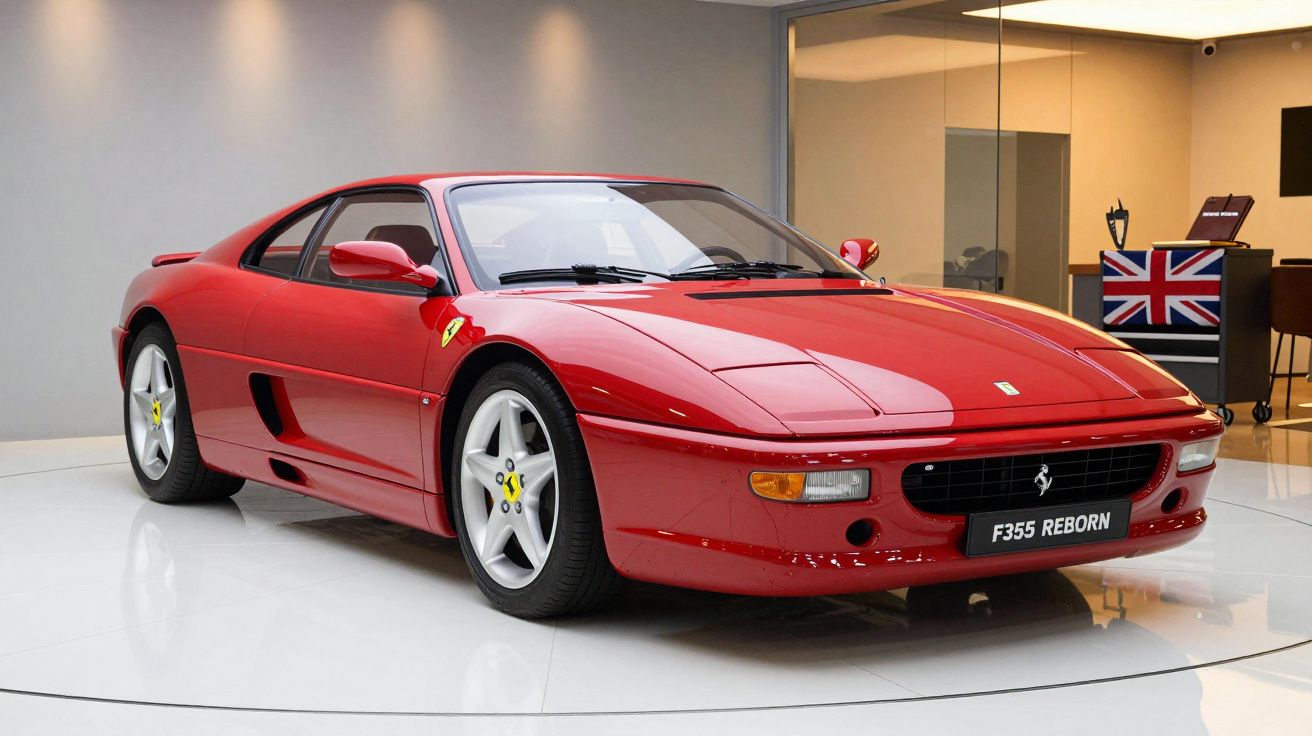 Carro desportivo vermelho em exposição numa sala iluminada, com bandeira do Reino Unido ao fundo.