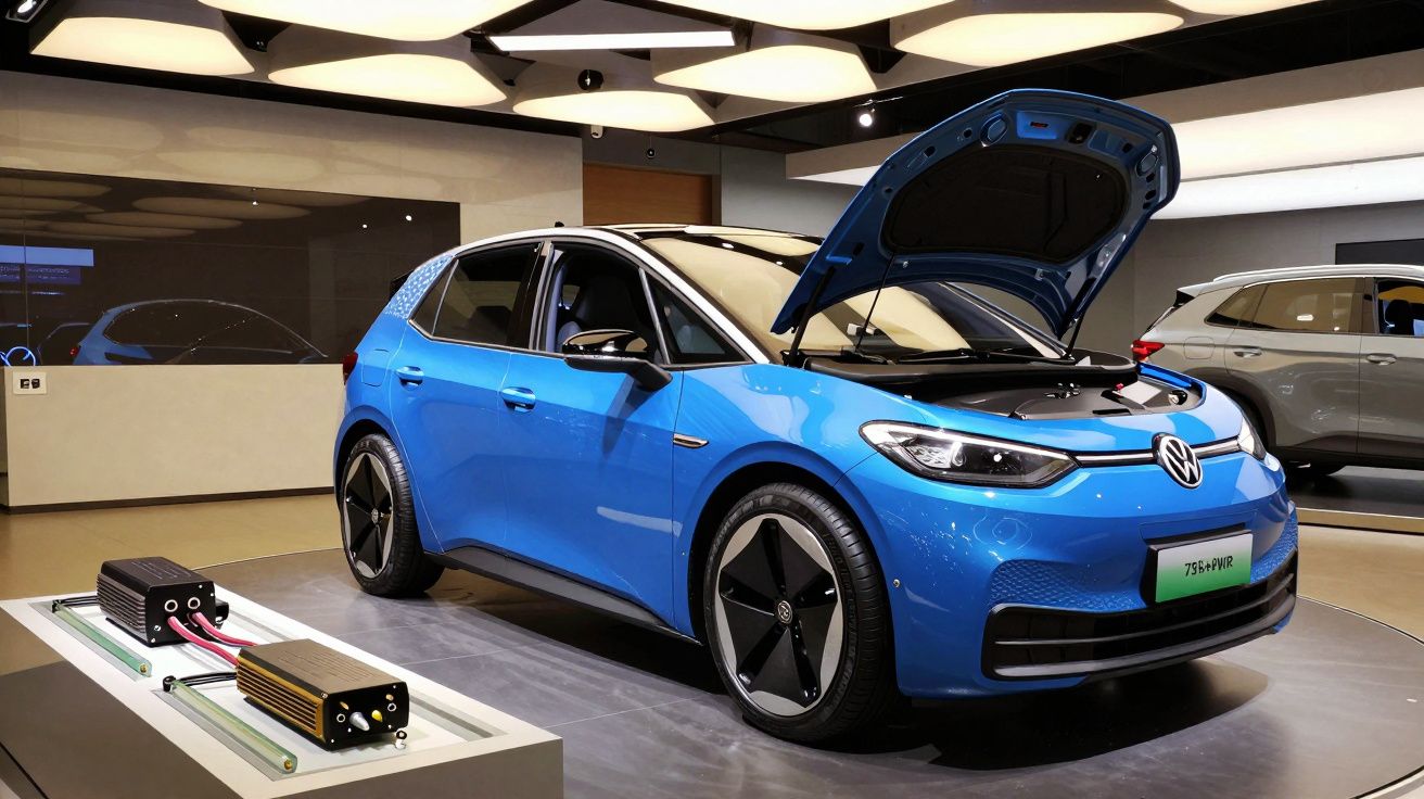 Carro azul elétrico da Volkswagen com capô aberto em exposição, interior moderno e luzes brilhantes ao fundo.