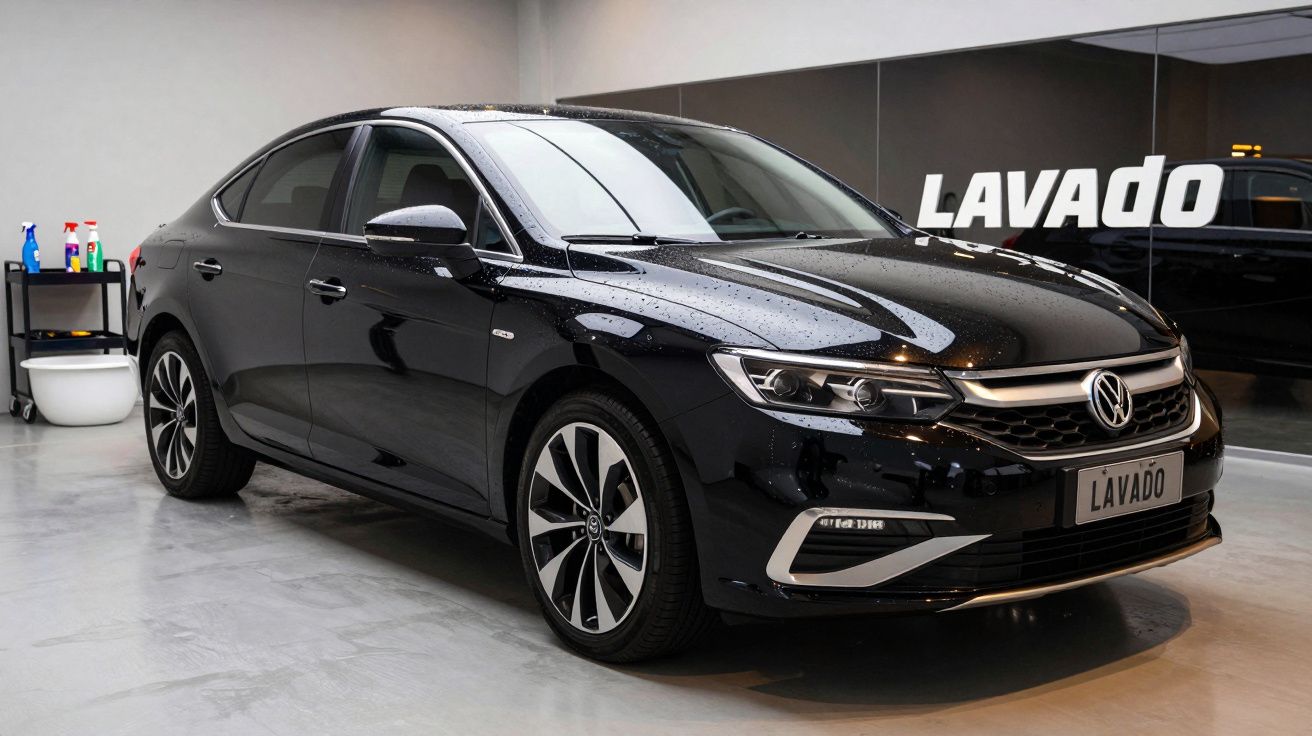 Carro Volkswagen preto lavado em garagem, com produtos de limpeza ao fundo.