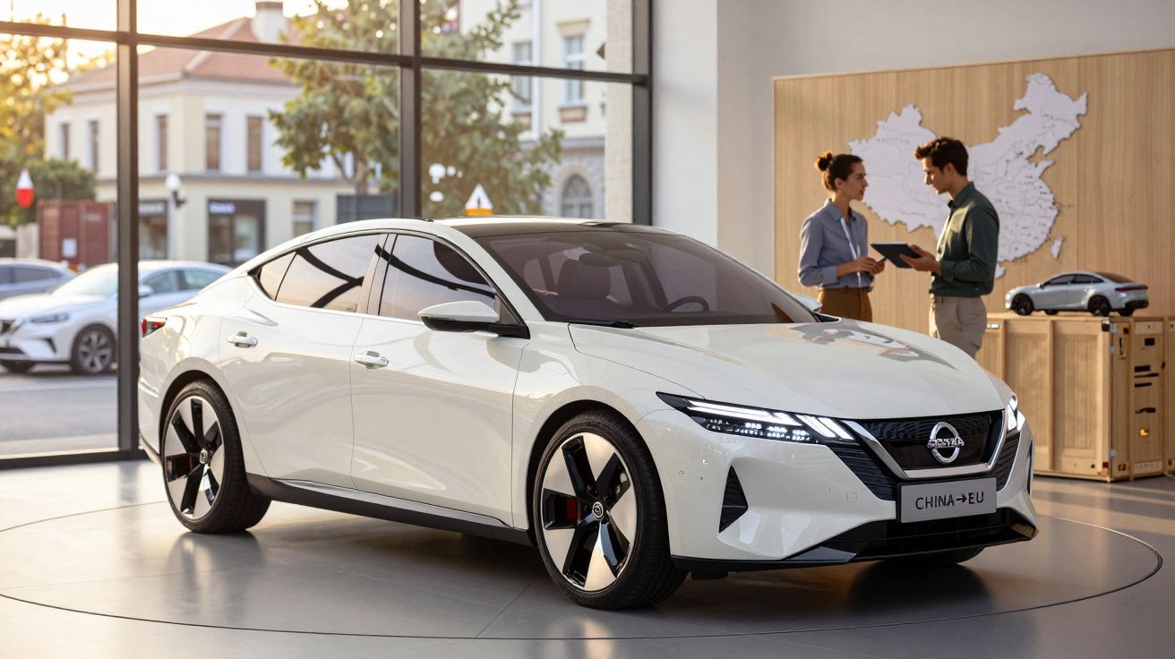 Carro elétrico branco num showroom, duas pessoas conversam ao fundo ao lado de um mapa da China.