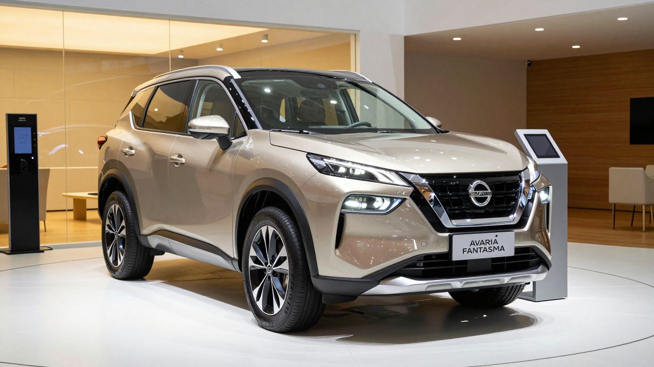 SUV prata em exposição num salão automóvel, com luzes ligadas e ambiente moderno ao fundo.