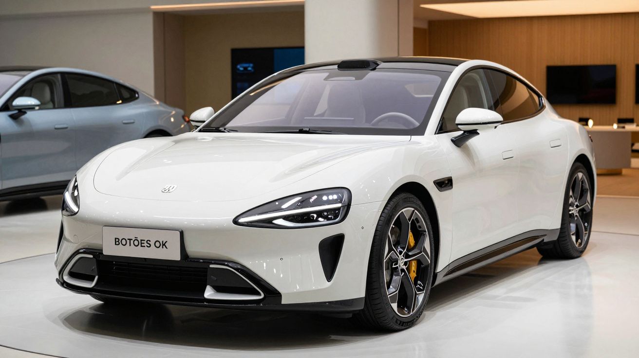 Carro elétrico branco num showroom, com design desportivo e moderno, matrícula a dizer "BOTÕES OK".