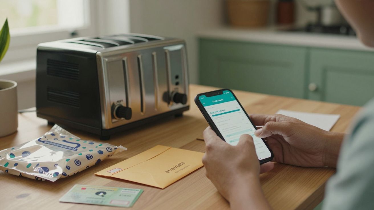 Pessoa usando smartphone à mesa da cozinha com torradeira, envelope e pacotes ao lado.