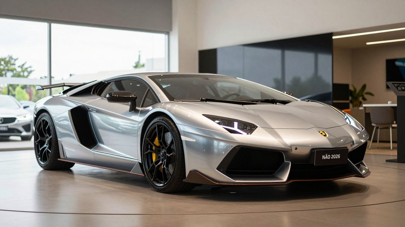 Carro desportivo prata em exposição, com jantes pretas e detalhes amarelos, em sala ampla e iluminada.