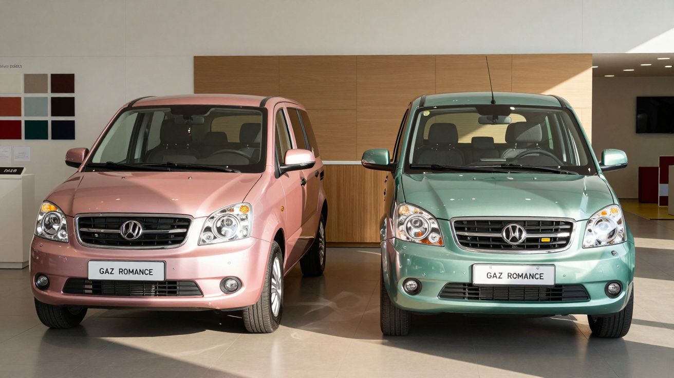 Dois carros GAZ Romance, um rosa e outro verde, estacionados lado a lado num showroom moderno e iluminado.