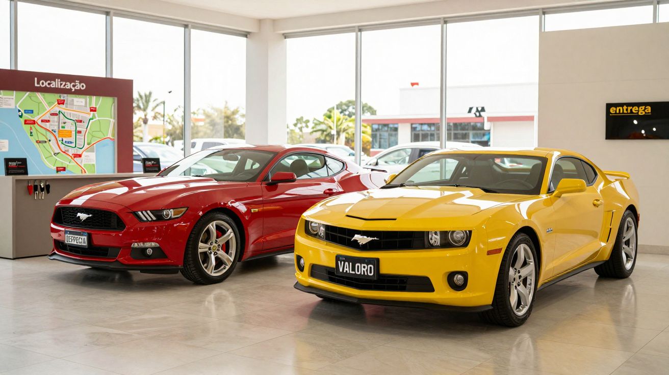 Carros desportivos vermelho e amarelo em exposição em concessionária iluminada por grandes janelas.